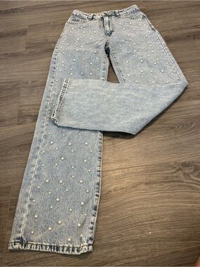 SHEIN Light Blue Pearl-Embellished Straight Leg Jeans